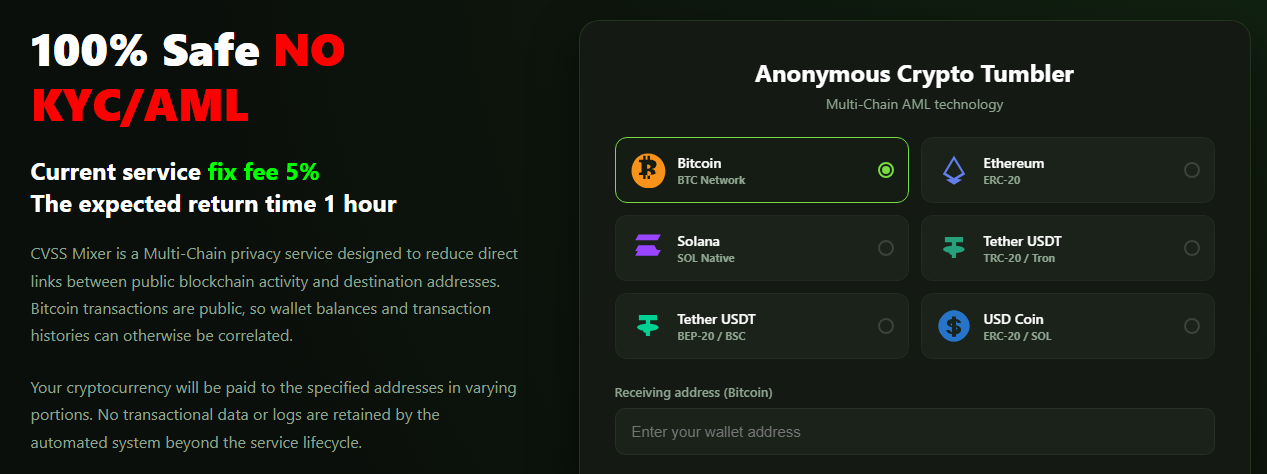 BTC, ETH, SOL, USDT, USDC Multi-Chain Crypto Mixer
